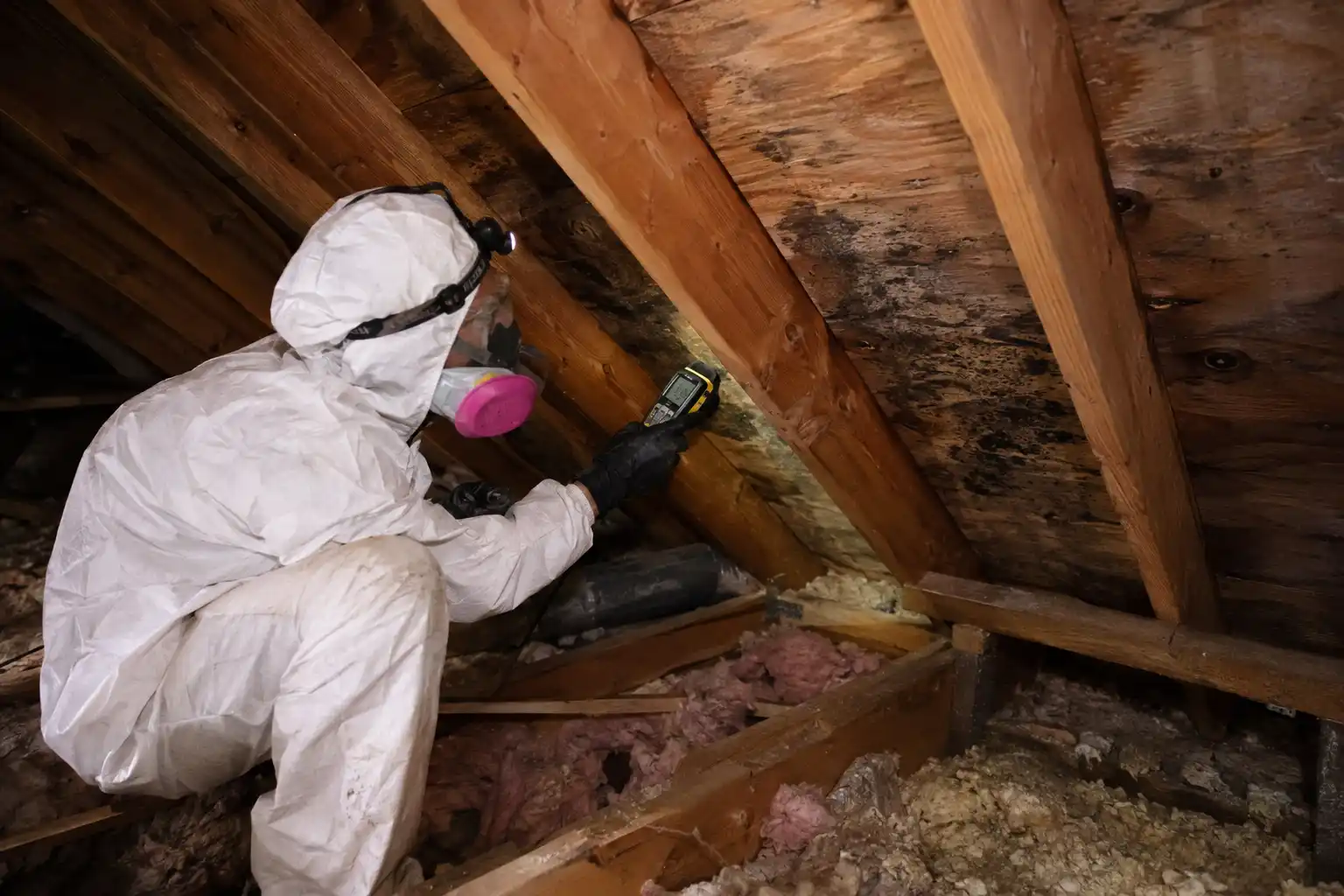 Attic mold inspection in Lawrence, NY — mold growth on roof decking and insulation