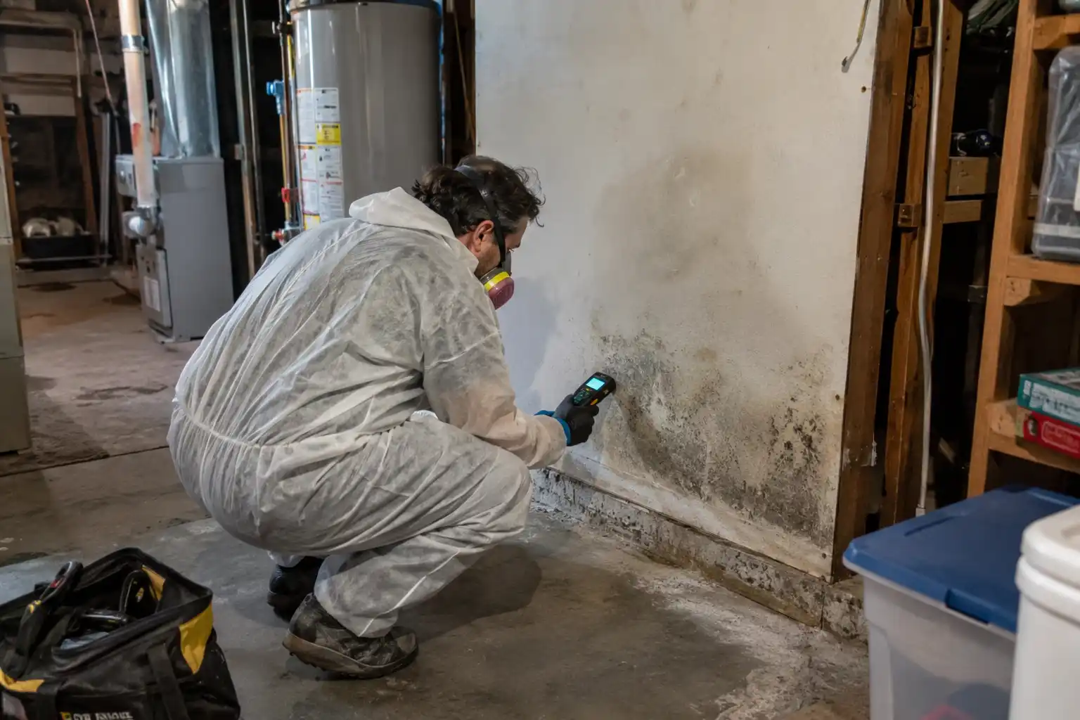 Basement mold removal in Lawrence, NY — mold growth on basement walls and floor