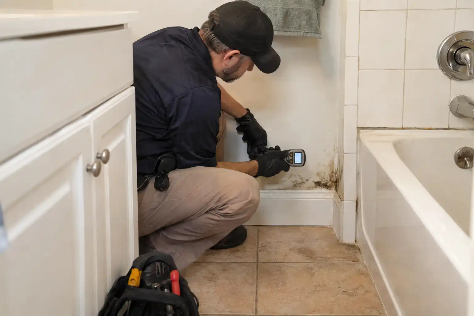 Bathroom and kitchen mold removal in Lawrence, NY — mold growth on tile and cabinetry