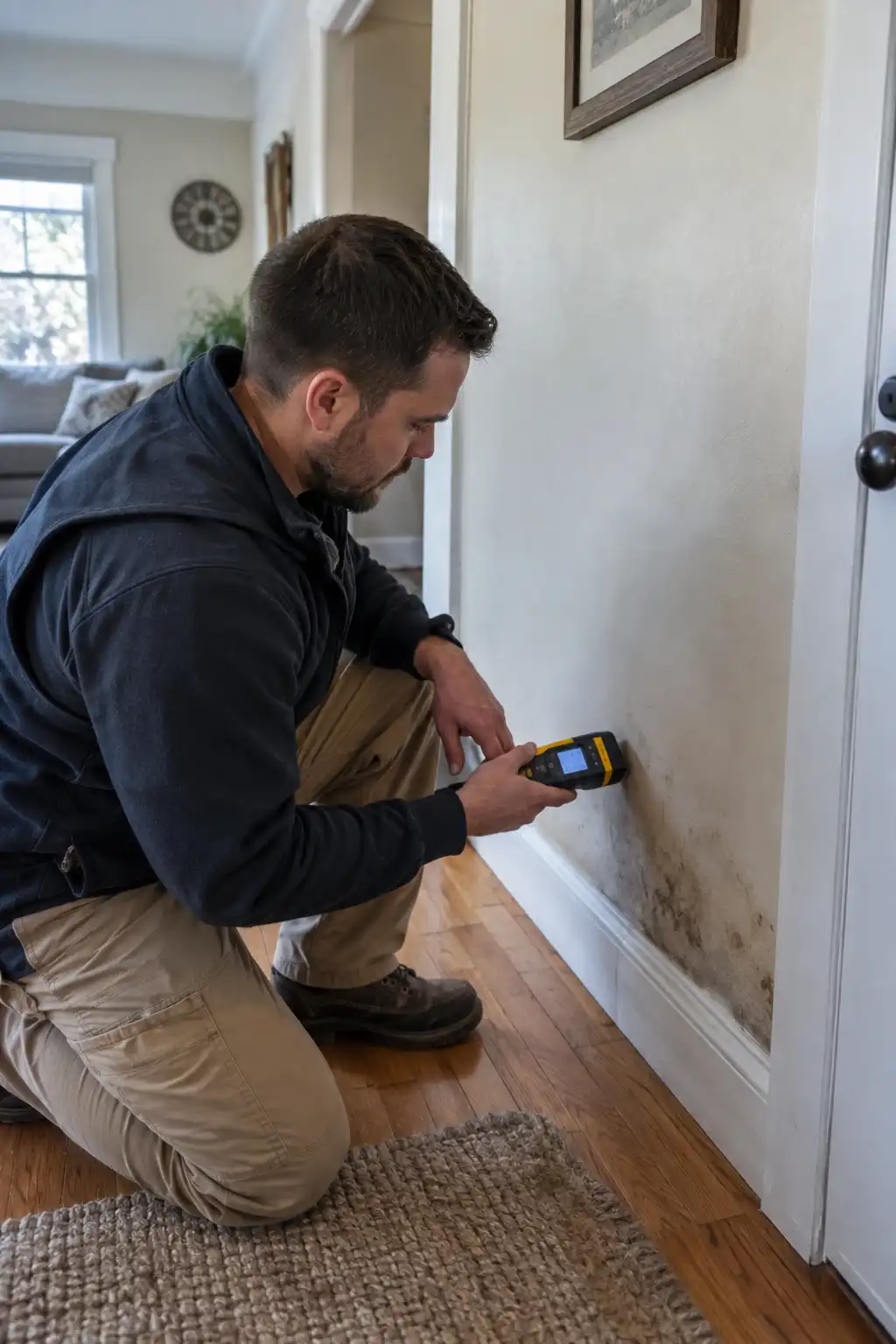 Local mold inspection in Inwood, NY — inspector checking for mold growth and moisture
